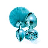 Nixie Metal Butt Plug Set Pom Pom and Jewel Inlaid - Blue