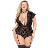 Seven 'til Midnight Plus Size Black Flocked Mesh and Lace Plunge Body