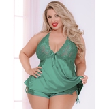 Seven 'til Midnight Plus Size Green Satin and Lace Cami Set