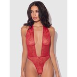 House of Desire Red Kiki Lace Plunge Halter Crotchless Body - Medium - Red