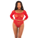 Rhinestone Crop Top with Matching Panty - Red - One Size
