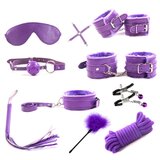 BDSM 10 Piece Cuffs Whip Rope Nipple Clamps Kit - Purple Sensual Delights Collection